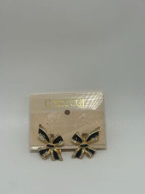 Carucci Vintage 1980s Black Rhinestone Enamel Bow Clip-On Earrings